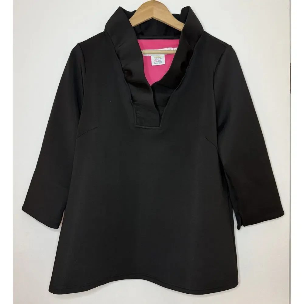 GRETCHEN SCOTT Jersey Ruffneck 3/4 Sleeve Top Black Ruffle Soft Stretch XXL/16 - Picture 2 of 12